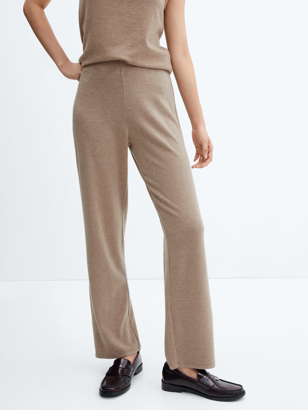 

MANGO Women Straight Knitted Trousers, Beige