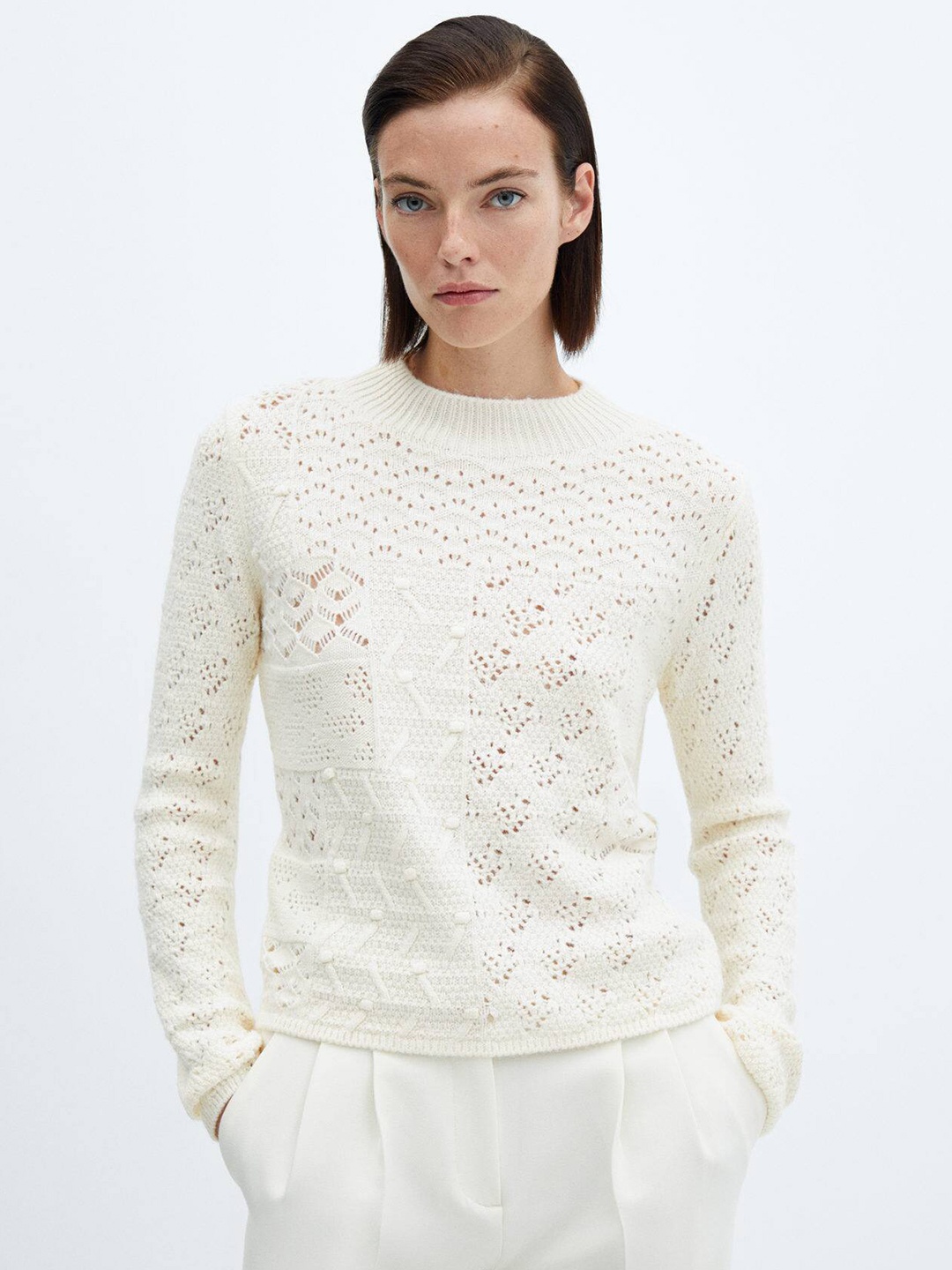 

MANGO Knitted Crochet Pullover, Off white