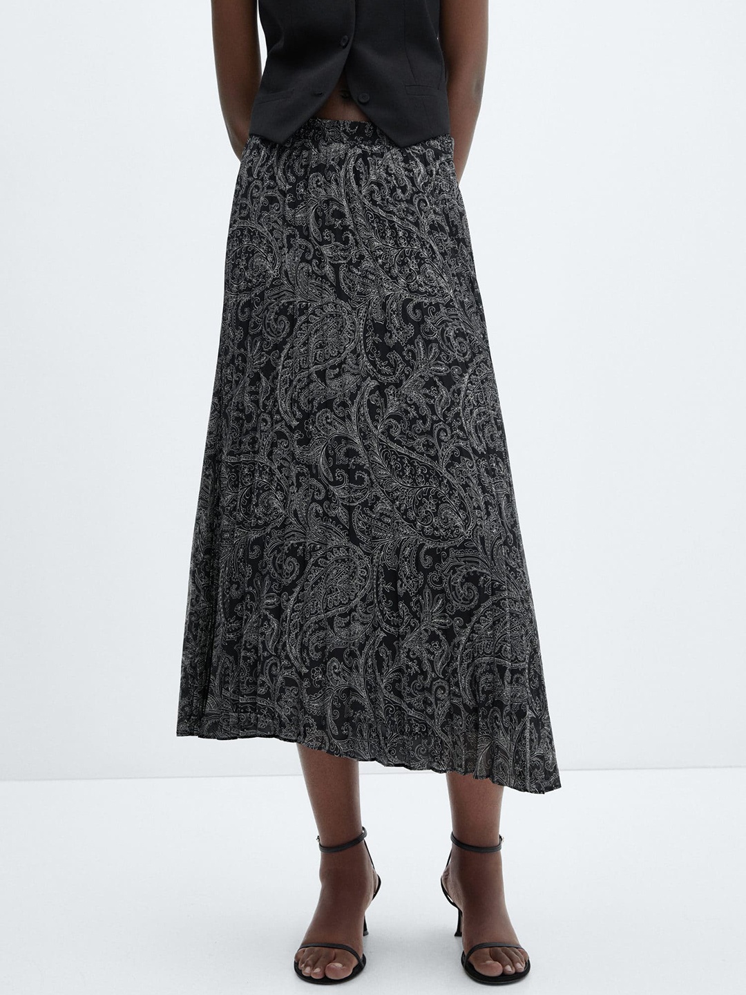 

MANGO Paisley Print Pleated Midi Skirt, Black