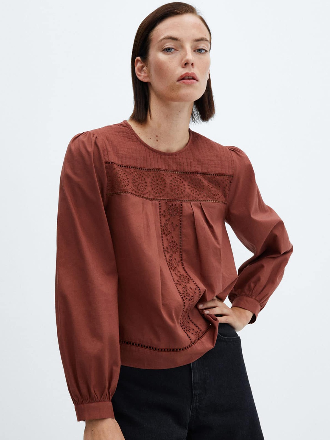 

MANGO Schiffli Pleated Pure Cotton Top, Brown