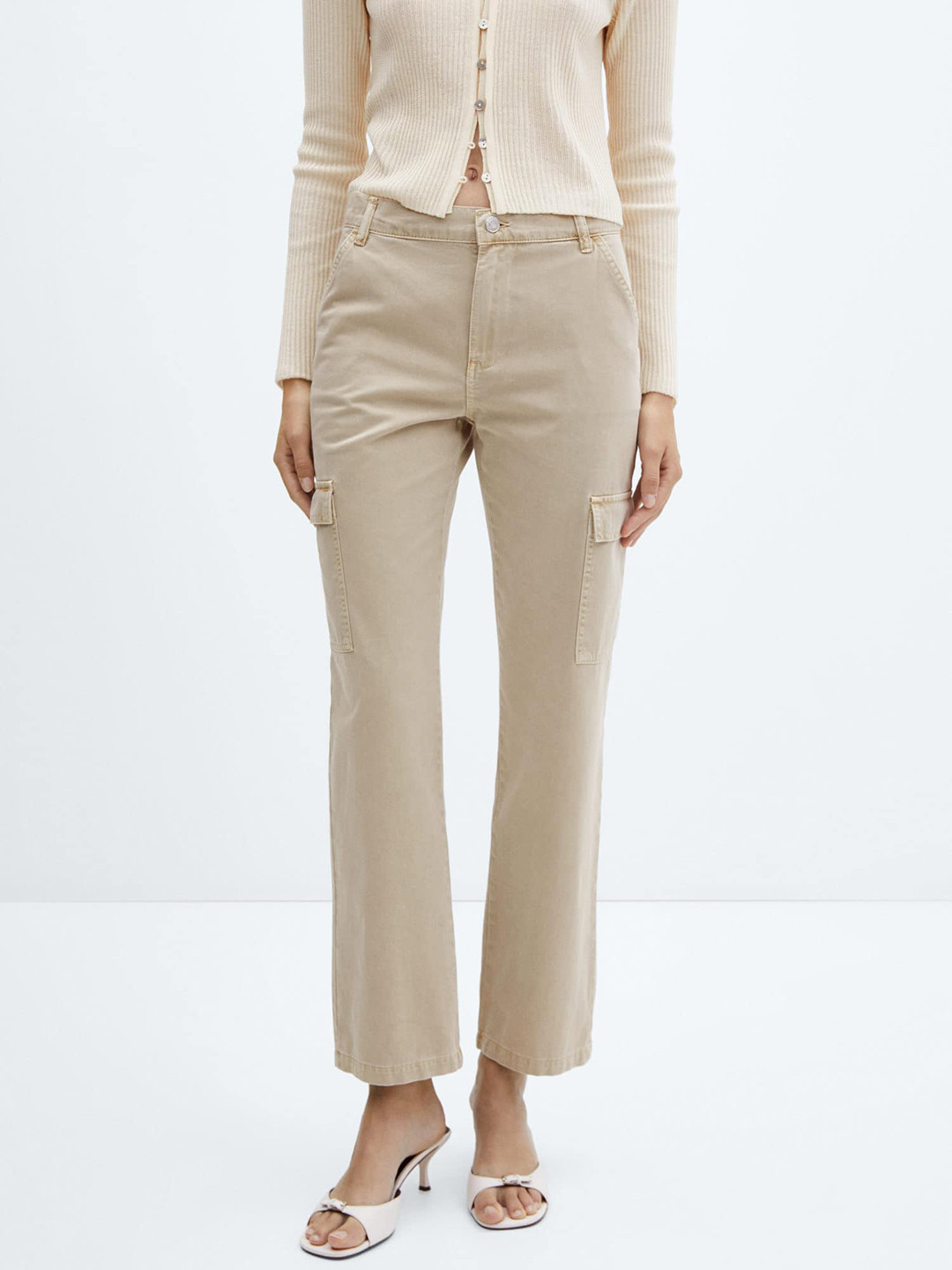 

MANGO Women Pure Cotton Straight Fit Cargo Jeans, Beige