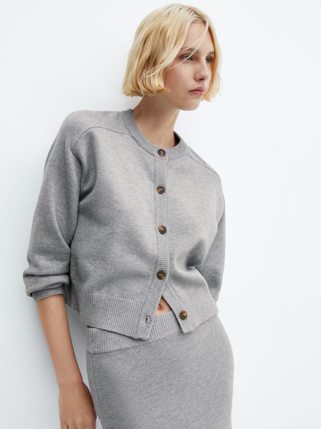 

MANGO Band Collar Raglan Sleeves Cardigan, Grey melange