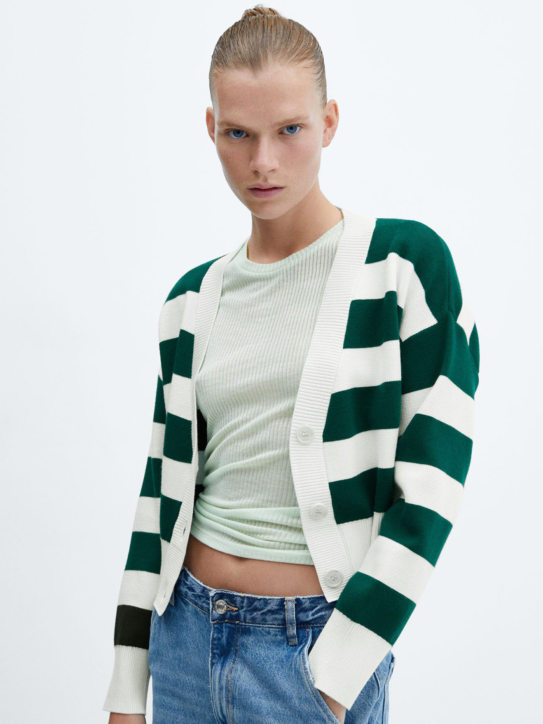 

MANGO V-Neck Striped Cardigan, White