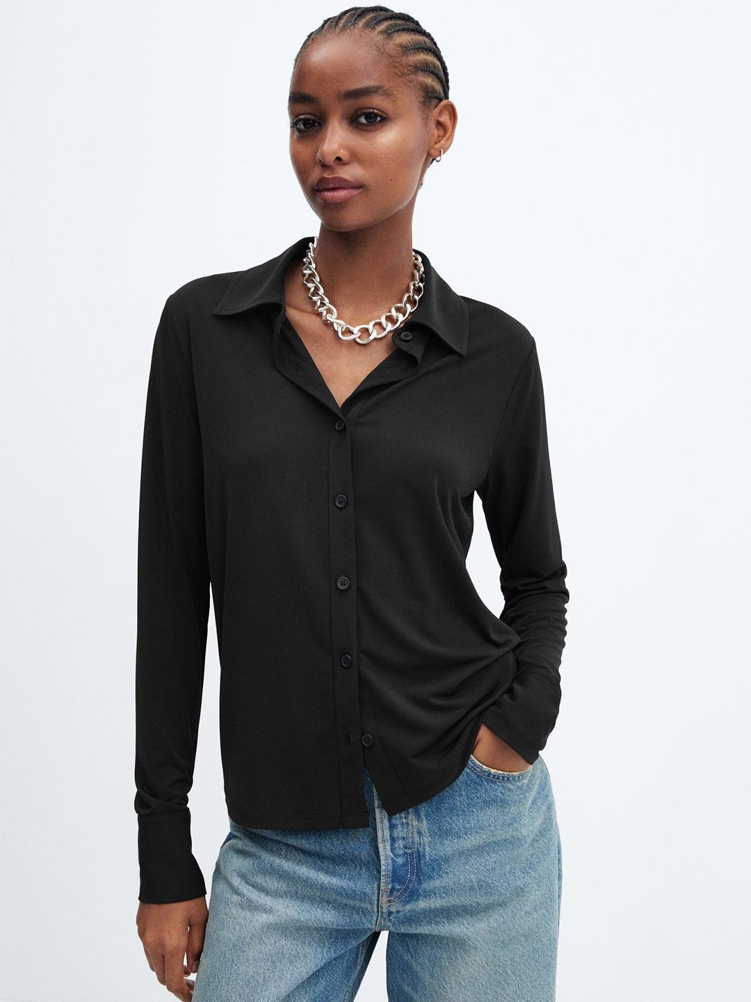 

MANGO Knitted Casual Shirt, Black
