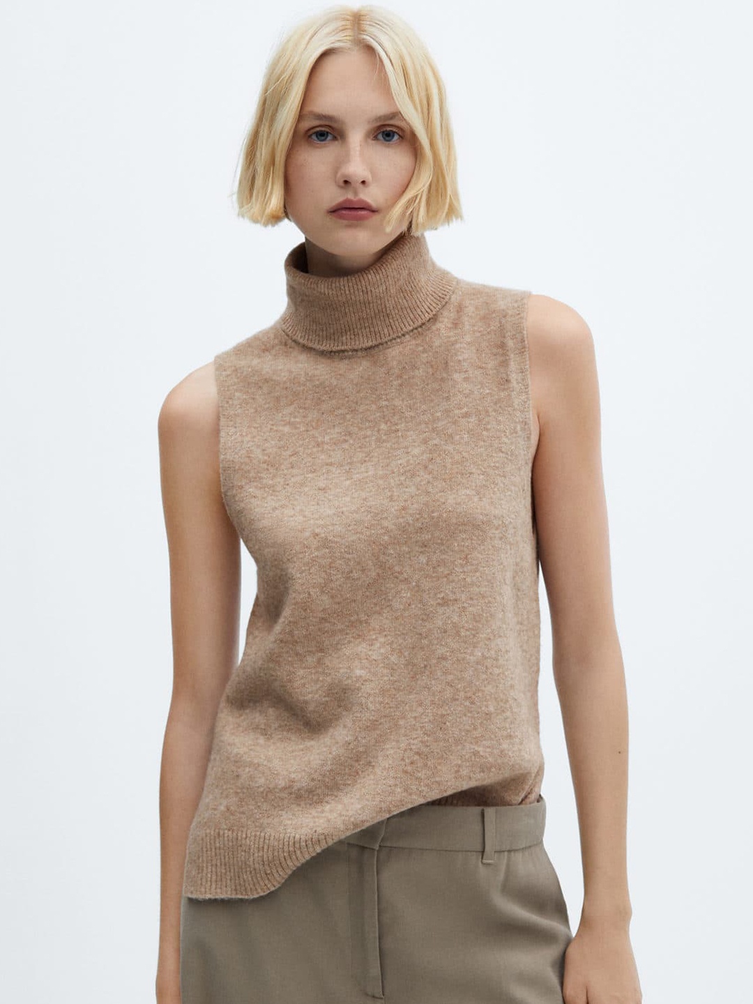 

MANGO Turtle Neck Fine Knit Pullover, Brown