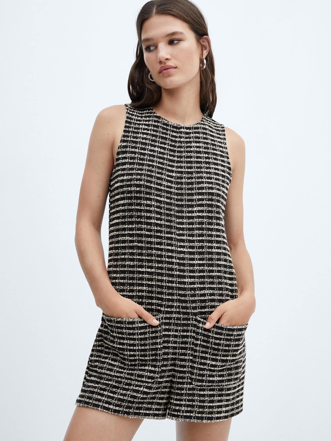 

MANGO Self-Checked Tweed Playsuit, Black