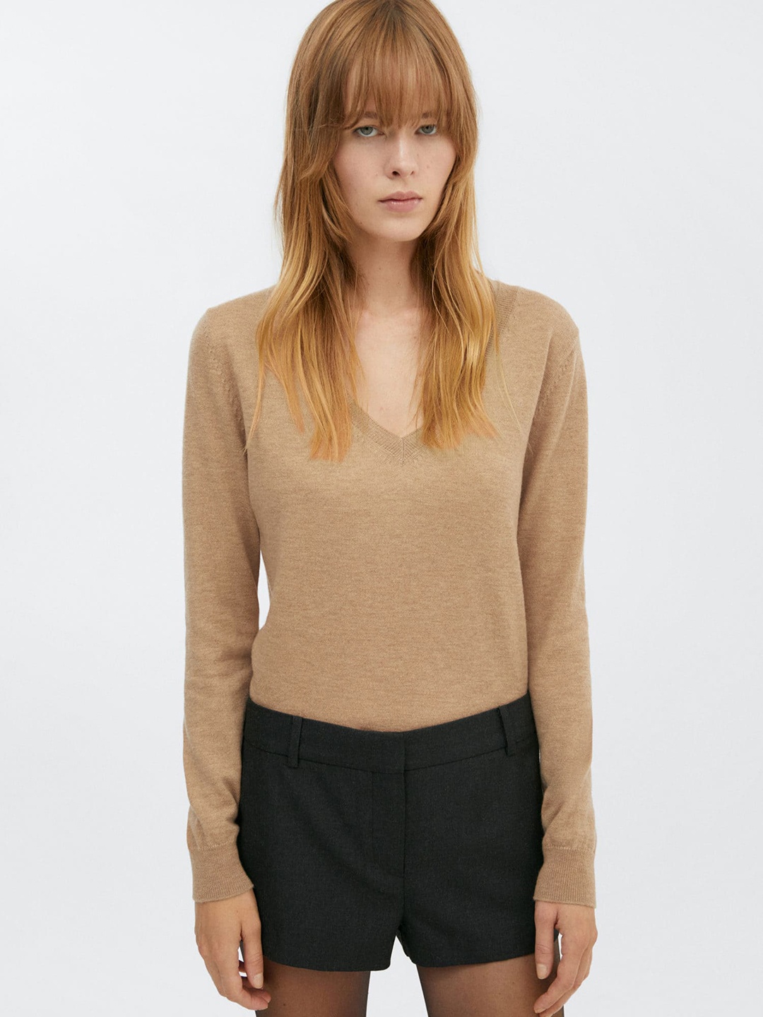 

MANGO V-Neck Woollen Pullover, Brown