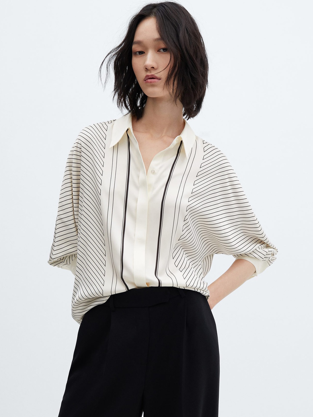 

MANGO Striped Satin-Finish Extended Sleeves Shirt, Off white
