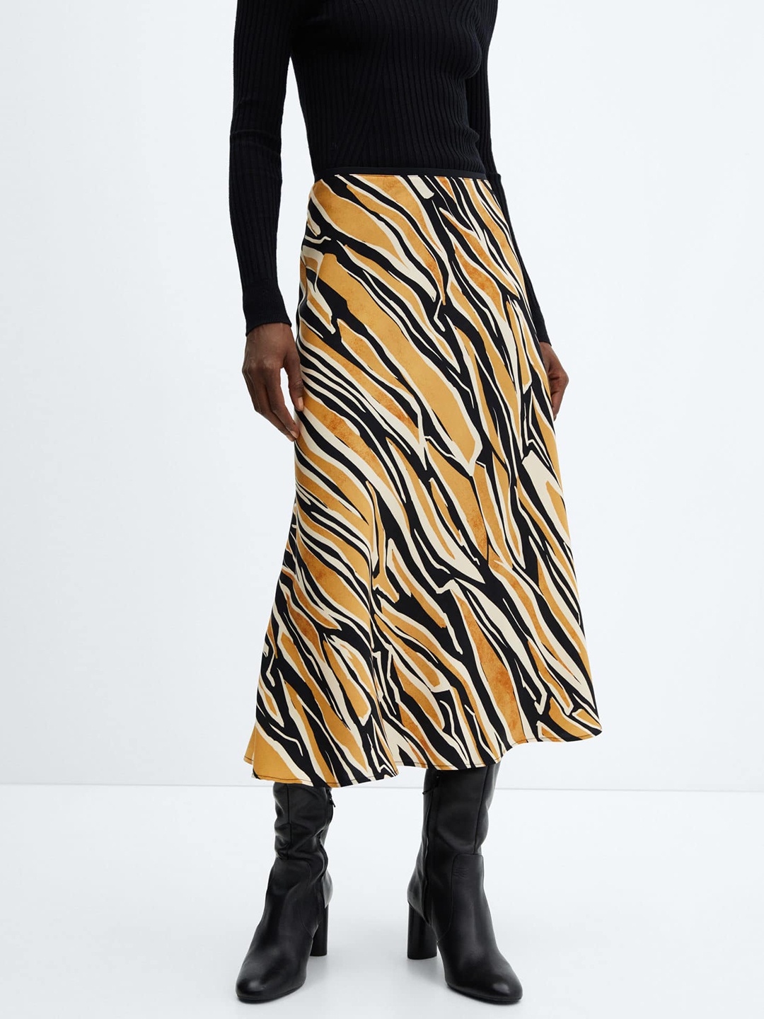 

MANGO Animal Printed Satin Skirt, Mustard