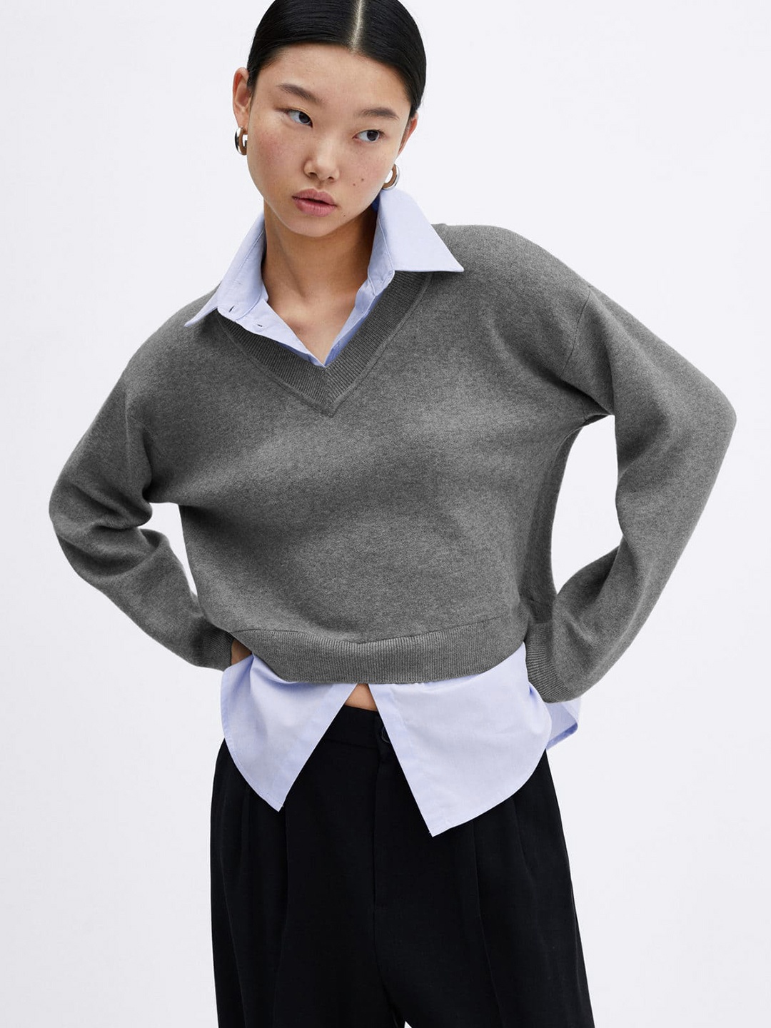 

MANGO Shirt Collar Layered Style Pullover, Grey melange