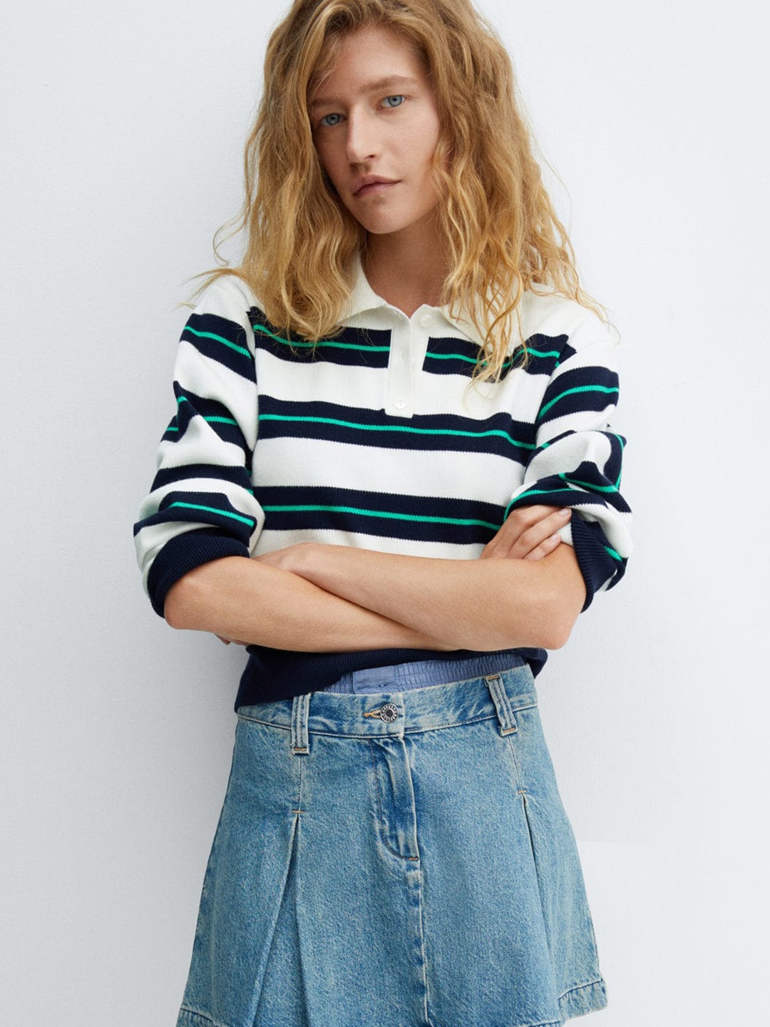 

MANGO Women Striped Polo Collar Pullover, White