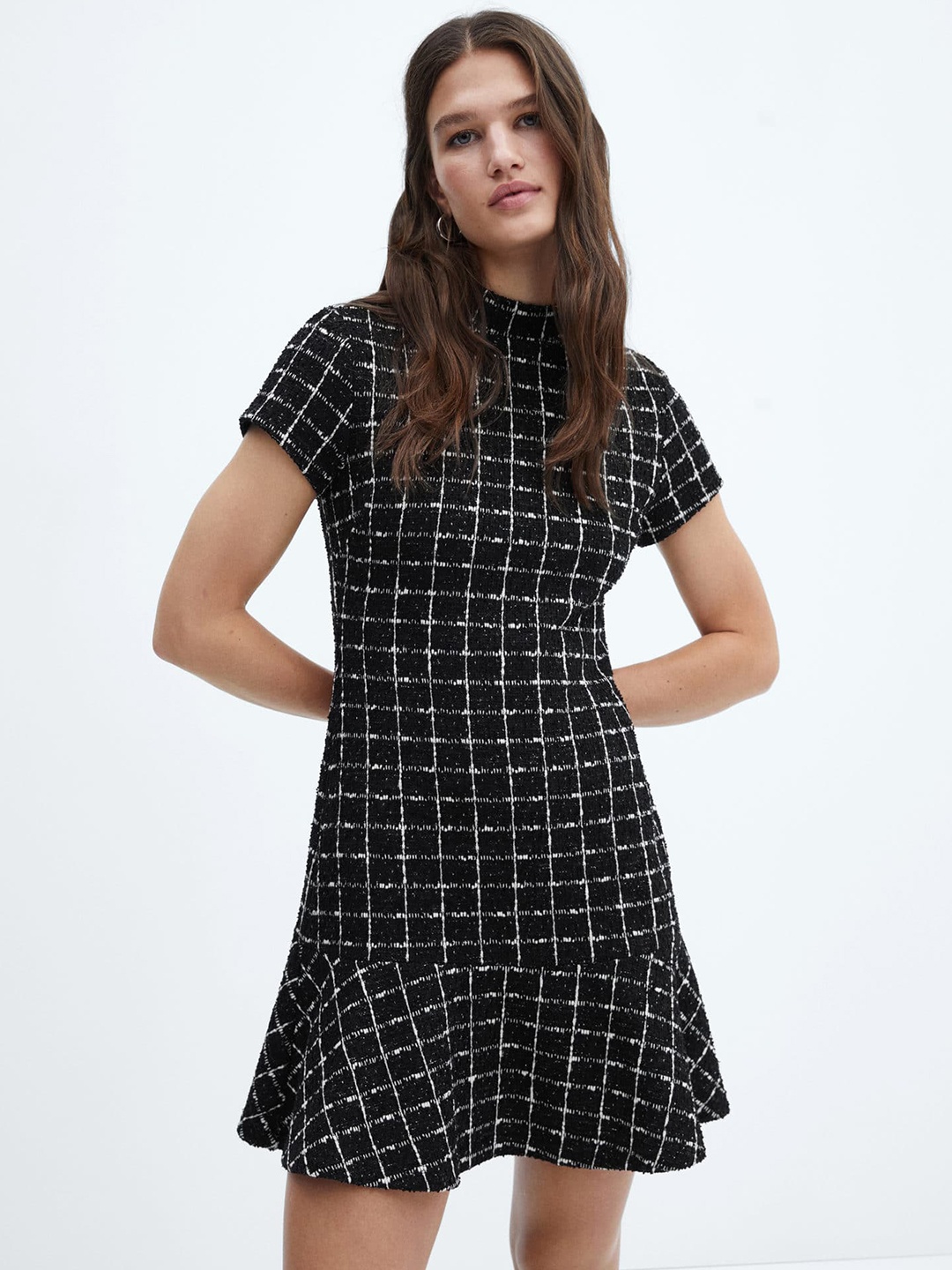 

MANGO Checked High Neck Flounce Hem Sheath Dress, Black