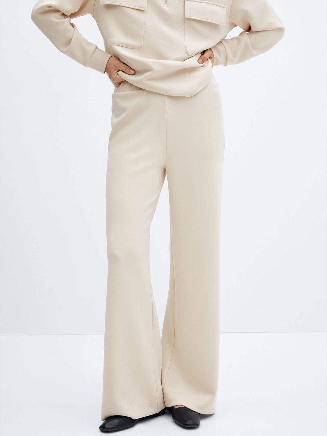 

MANGO Women Flared High-Rise Trousers, Cream
