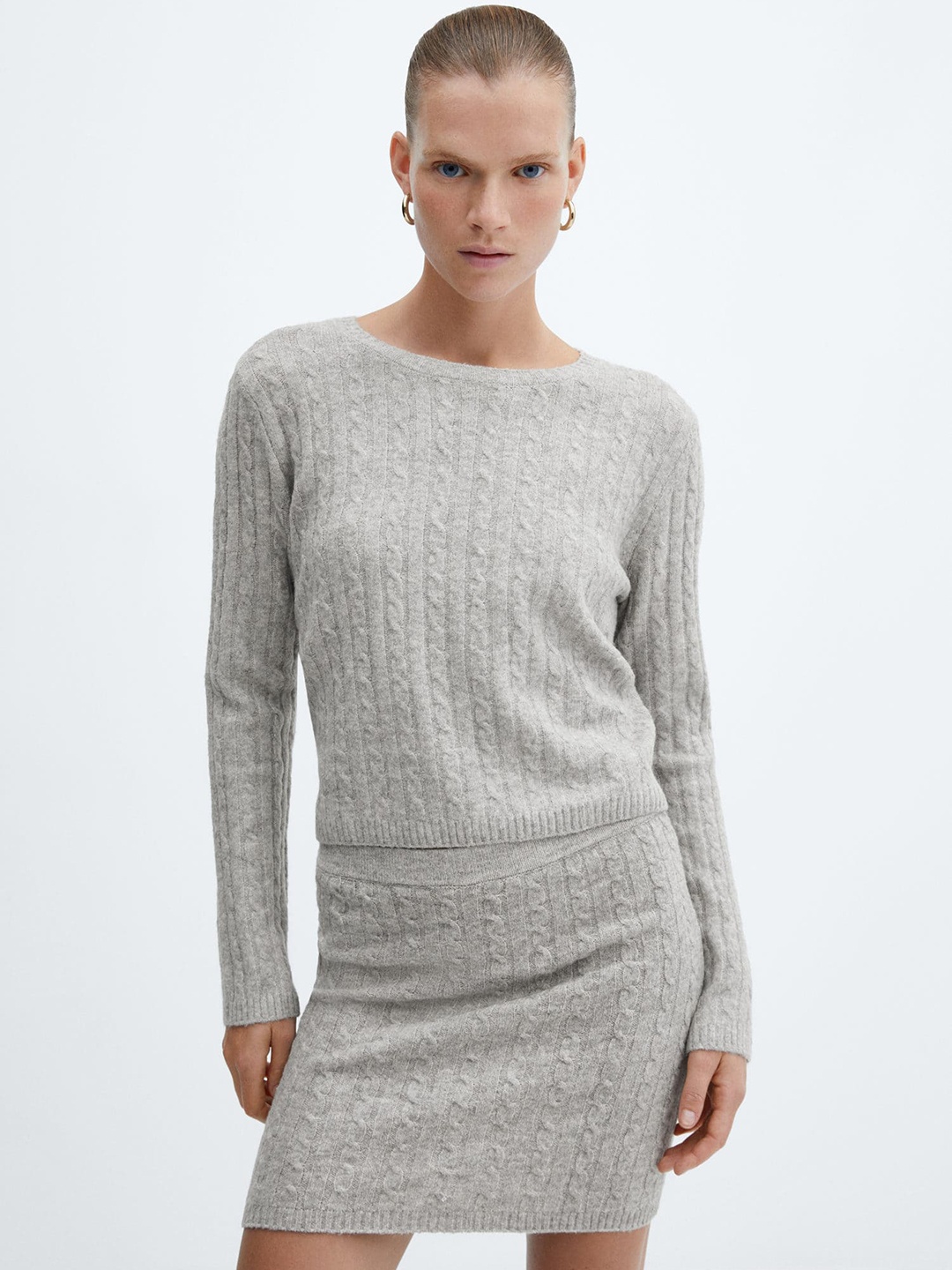 

MANGO Round Neck Cable Knit Pullover, Grey