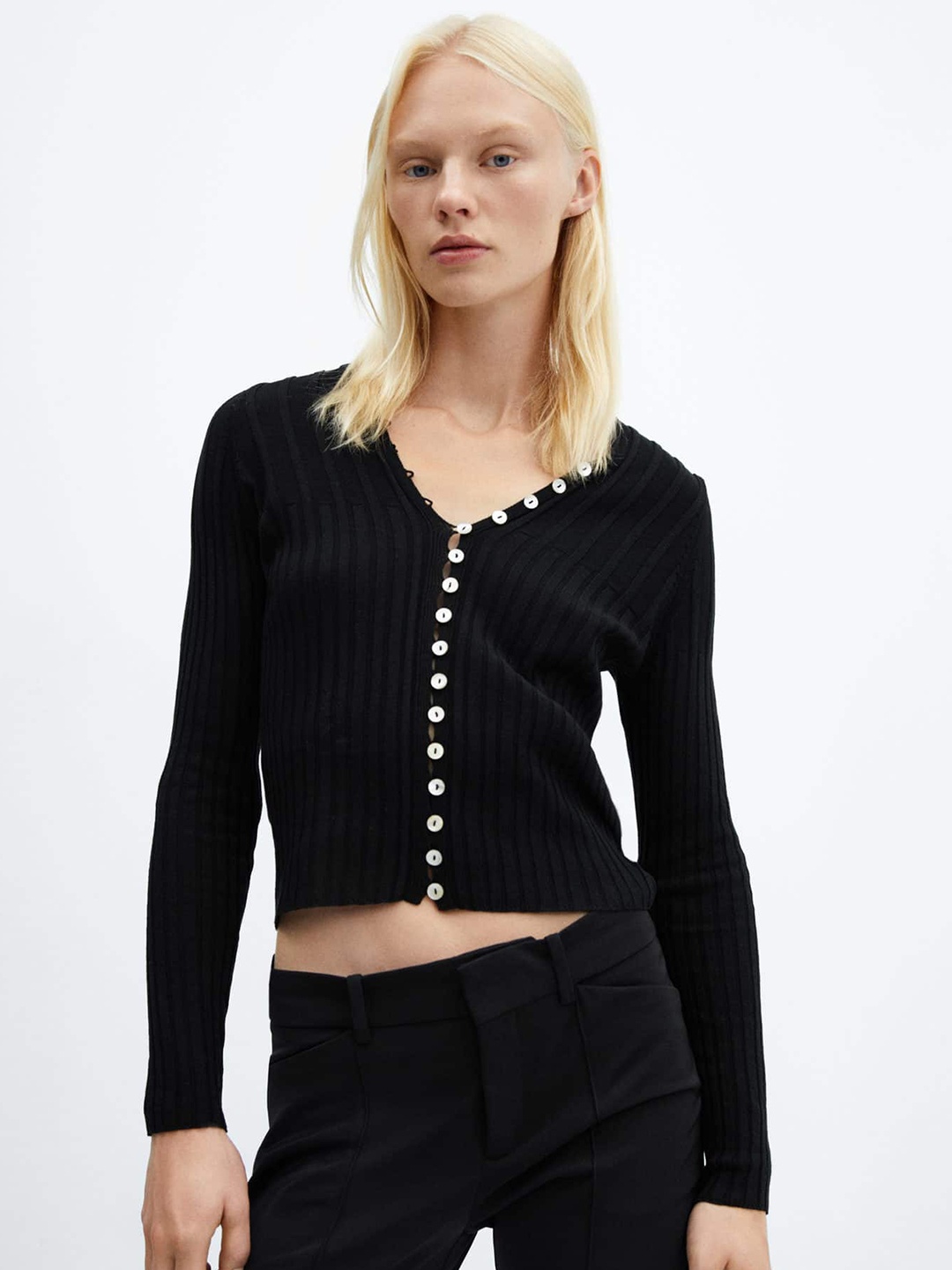 

MANGO Contrast Button Detail Ribbed Acrylic Cardigan, Black