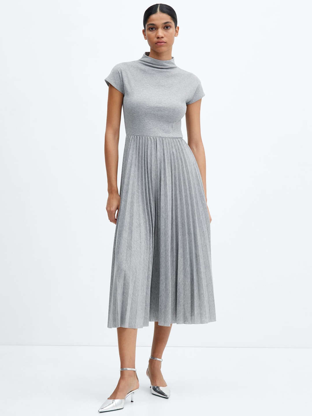 

MANGO Accordion Pleated Extended Sleeves A-Line Midi Dress, Grey melange