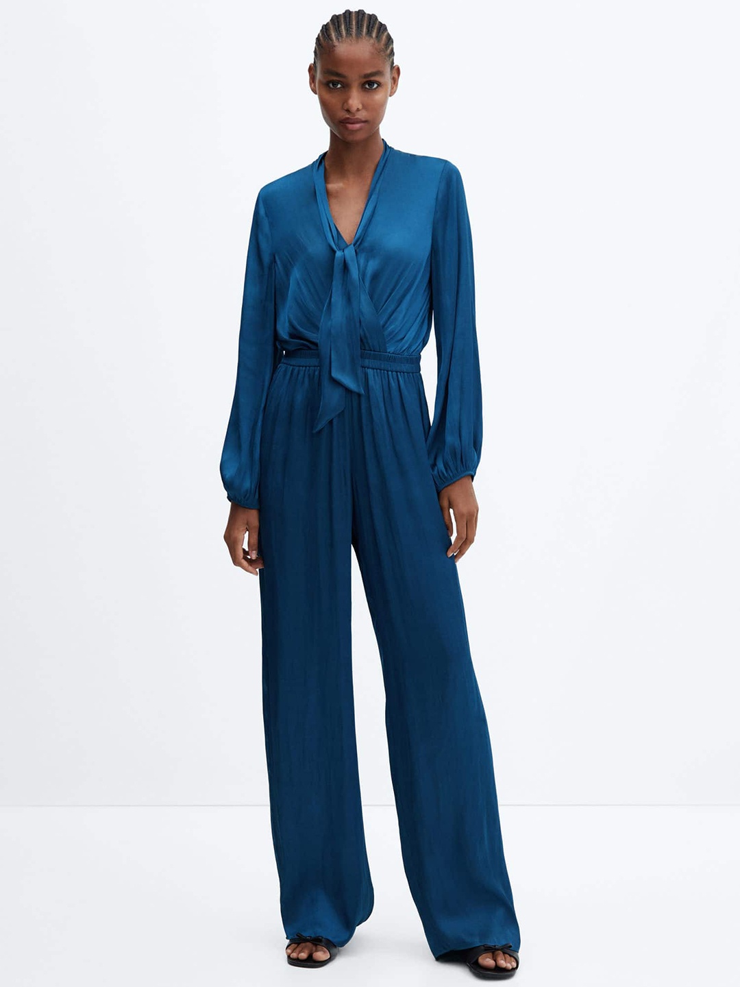 

MANGO Satin-Finish Tie-Up Neck Jumpsuit, Navy blue