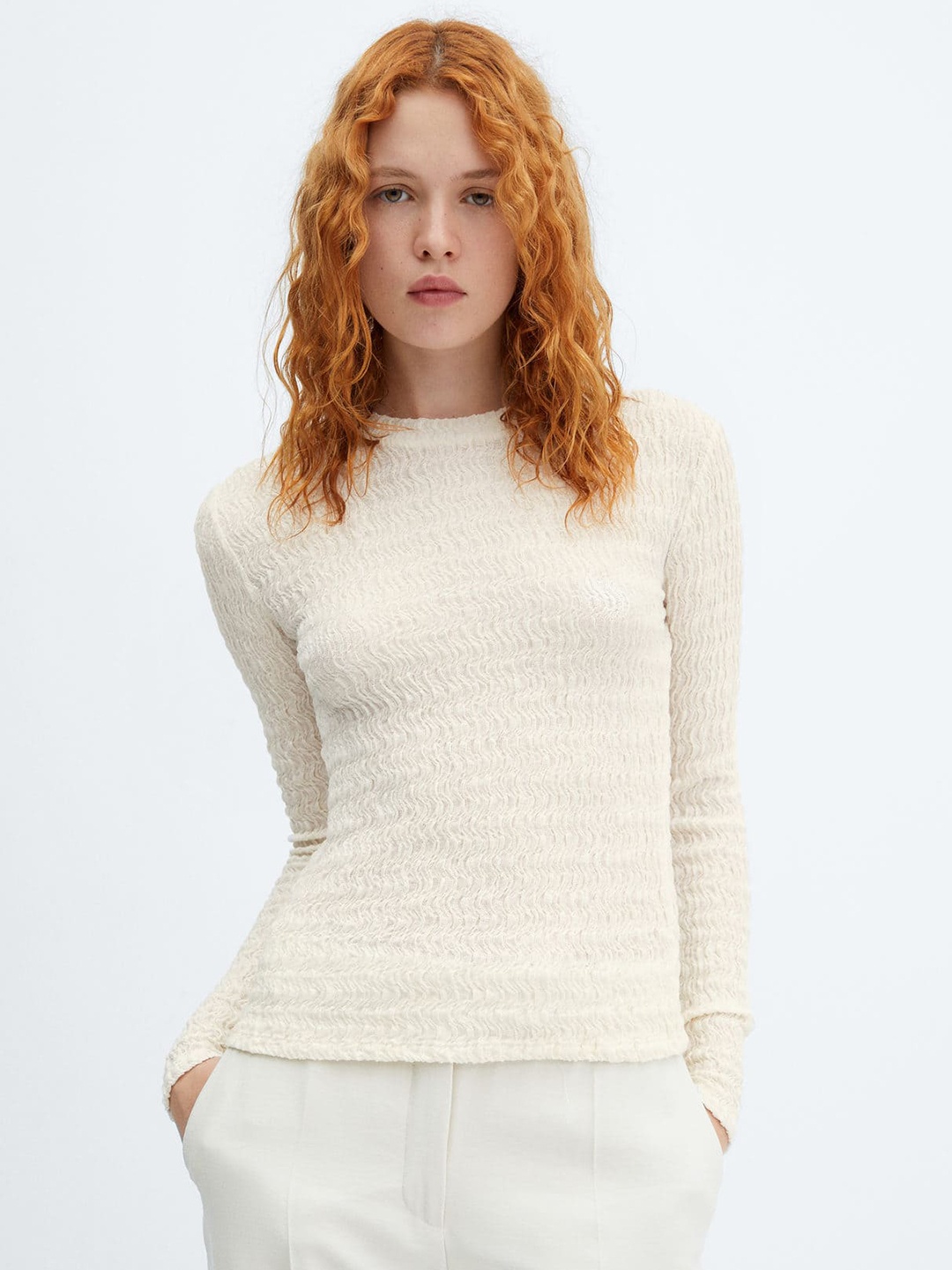 

MANGO Self Design Pure Cotton Top, Beige