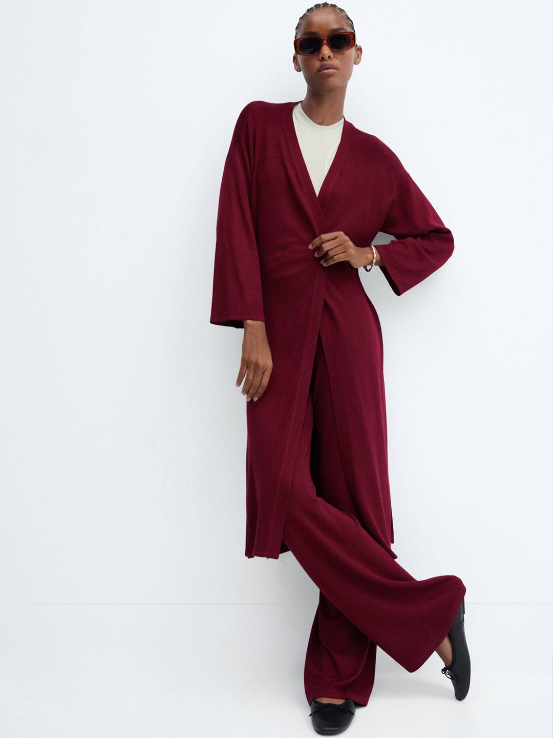 

MANGO Longline Front Open Sweater, Maroon