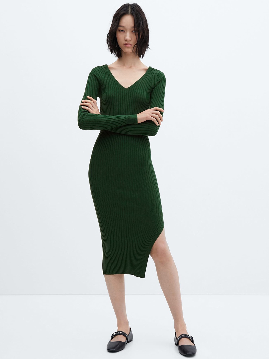 

MANGO Fine Knit Ribbed V-Neck Bodycon Midi Dress, Green