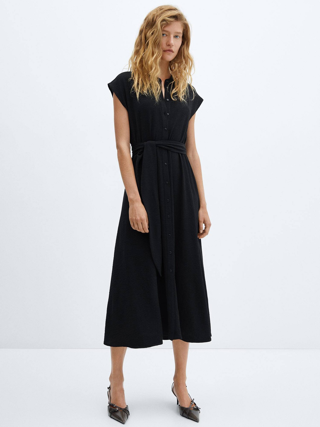 

MANGO Band Collar Extended Sleeves Belted Shirt Style Midi Dress, Black