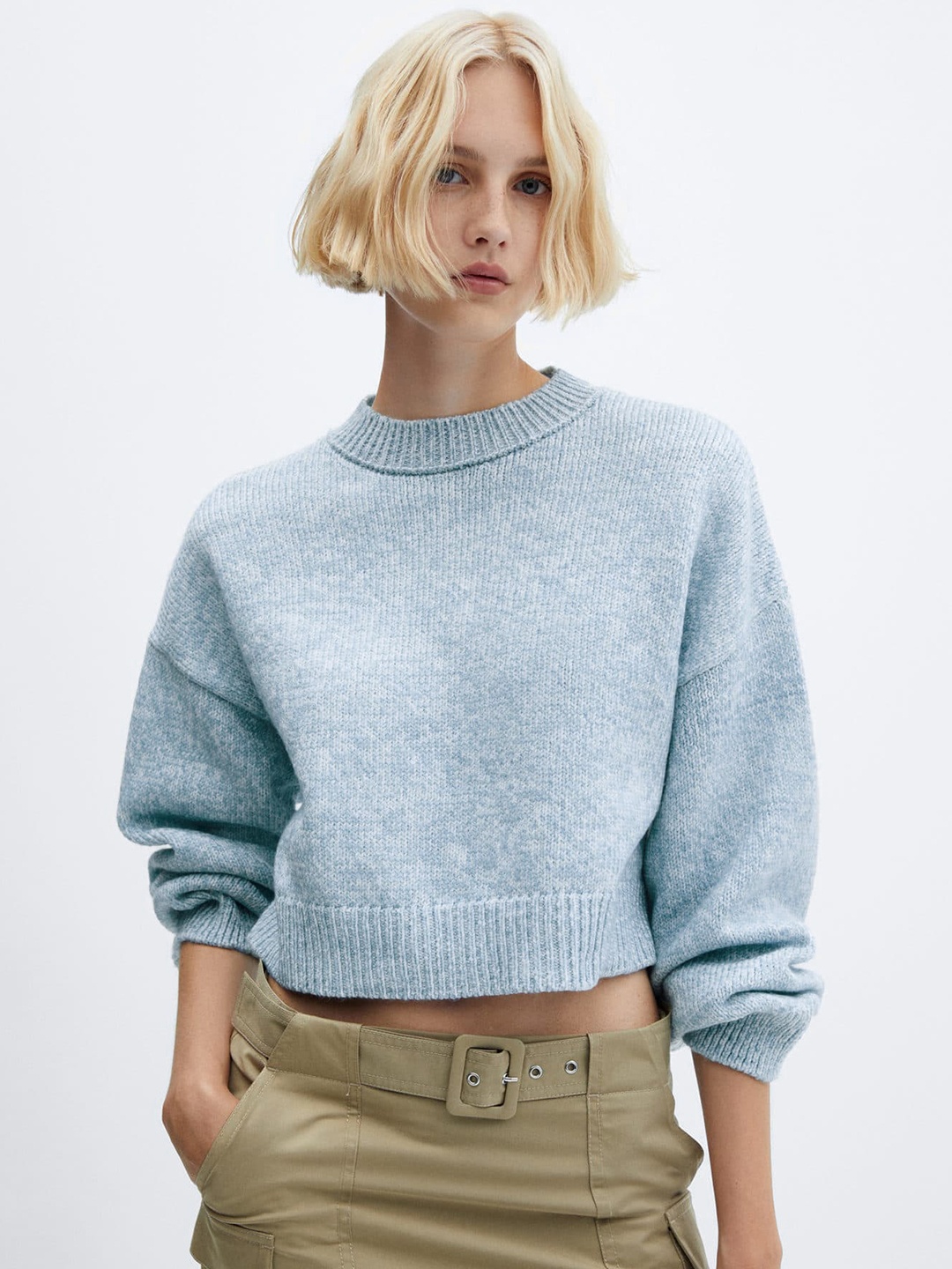 

MANGO Drop-Shoulder Sleeves Crop Pullover, Blue