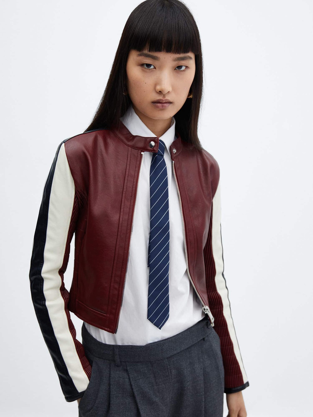 

MANGO Contrasting Striped Detailed Faux-Leather Biker Jacket, Red