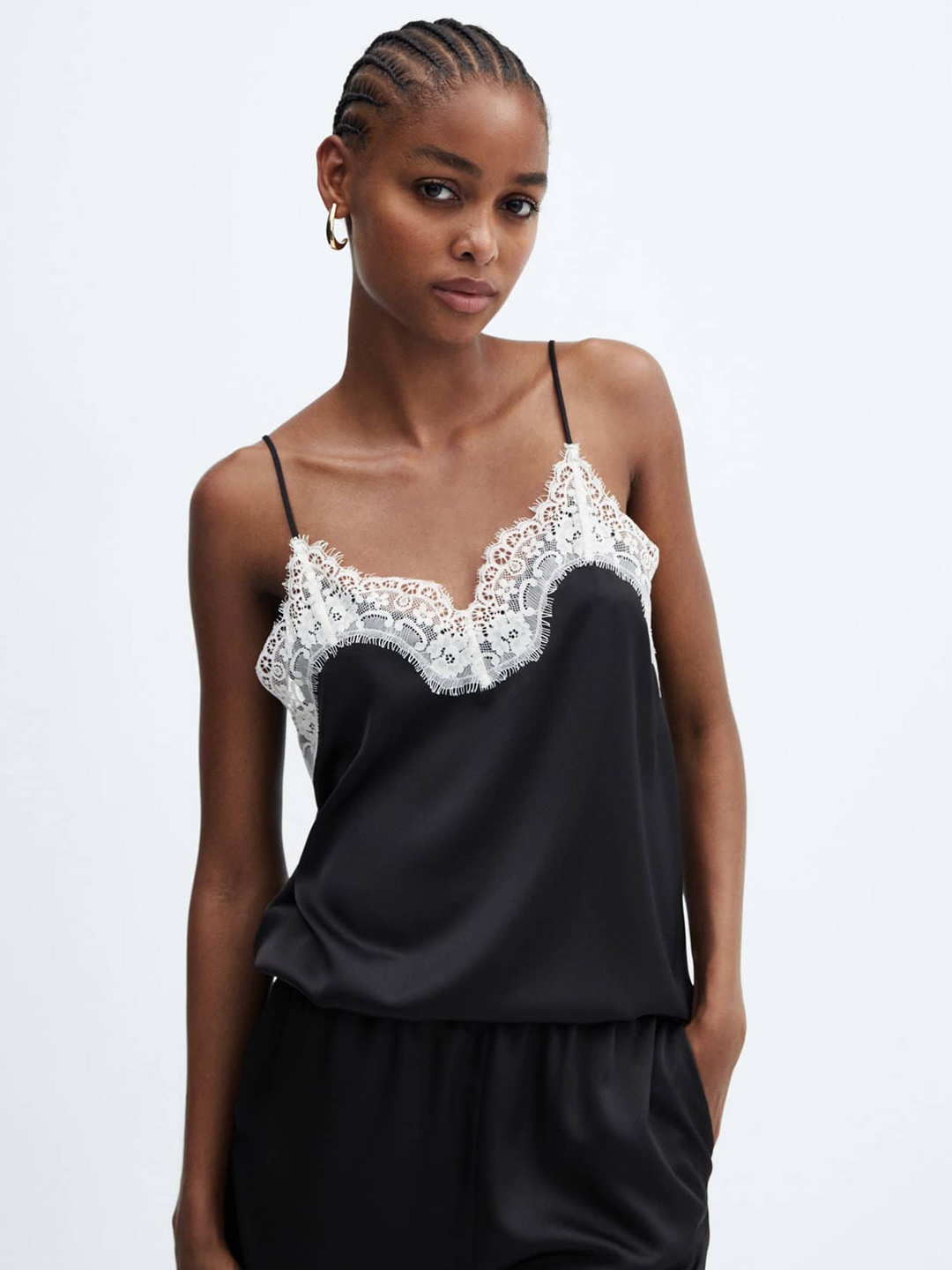 

MANGO Lace Detail Spaghetti Top, Black