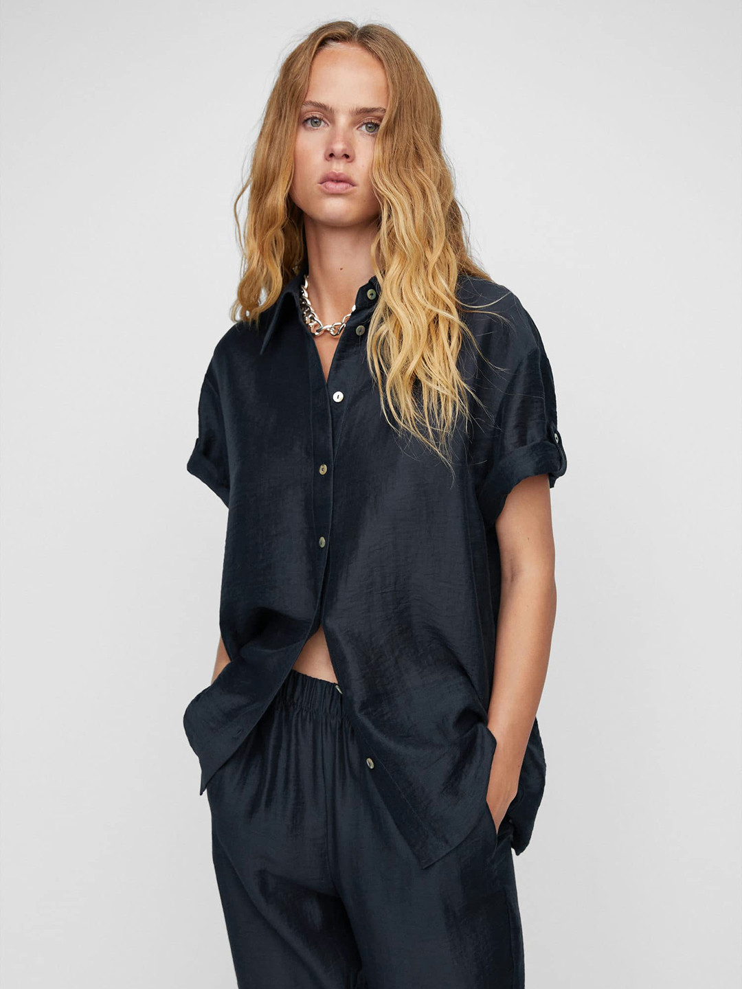 

MANGO Satin Finish Roll-Up Sleeves Casual Shirt, Blue