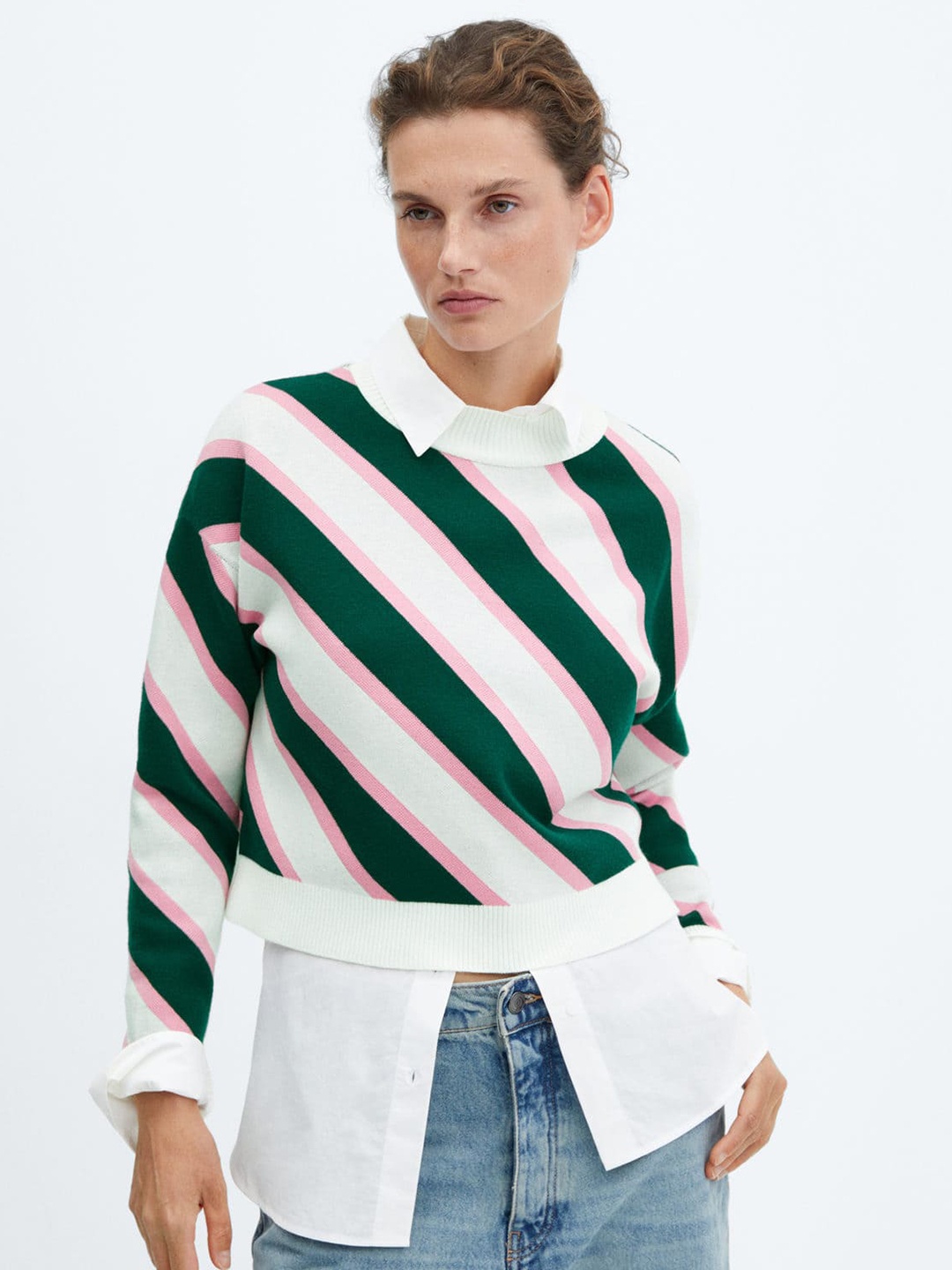 

MANGO Women Striped Boxy Fit Pullover, White