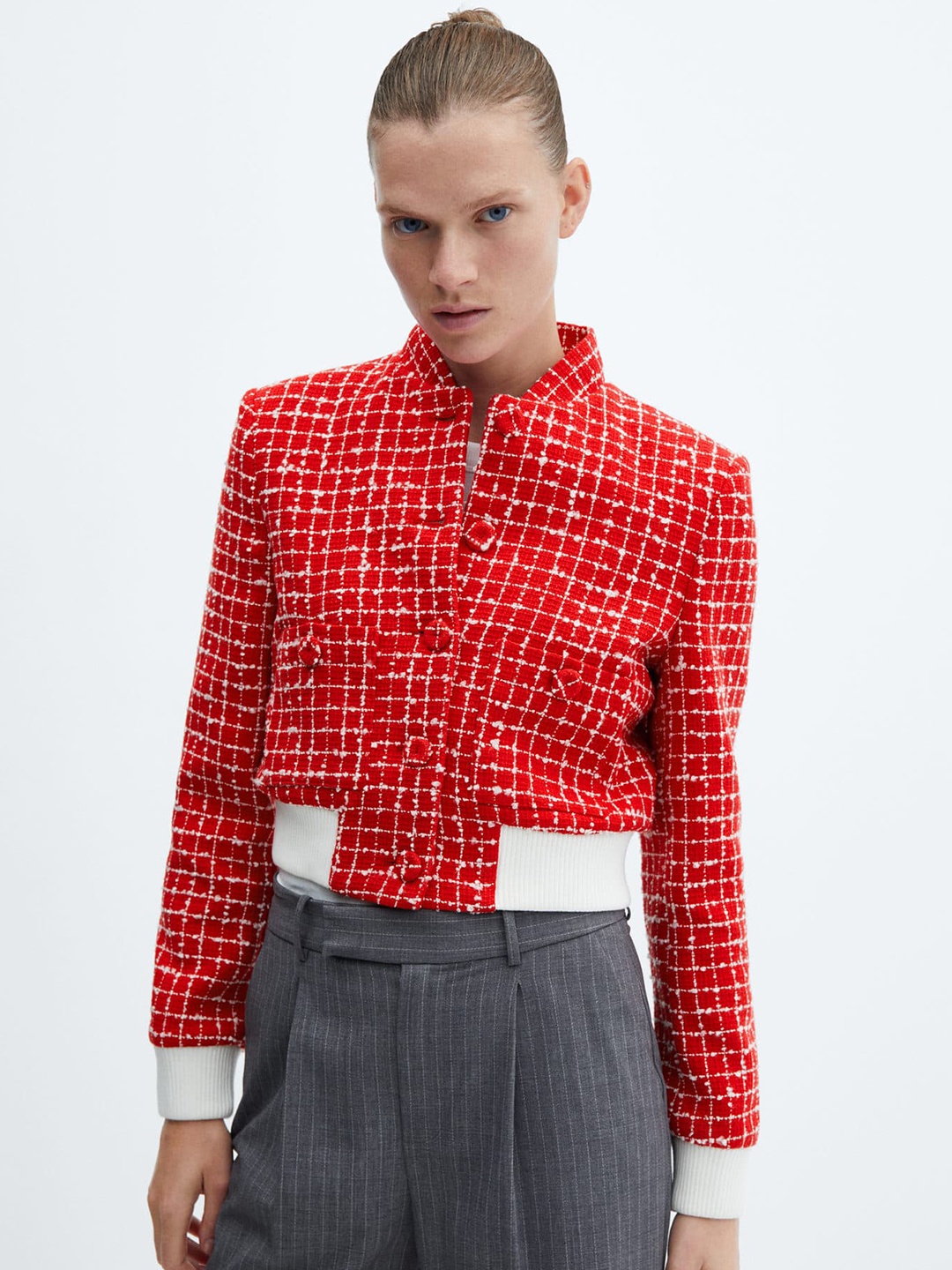 

MANGO Tweed Checked Bomber Jacket, Red