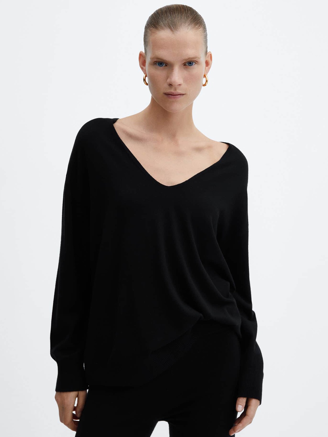

MANGO Oversize Drop Shoulder Sleeves Fine Knit Pullover, Black