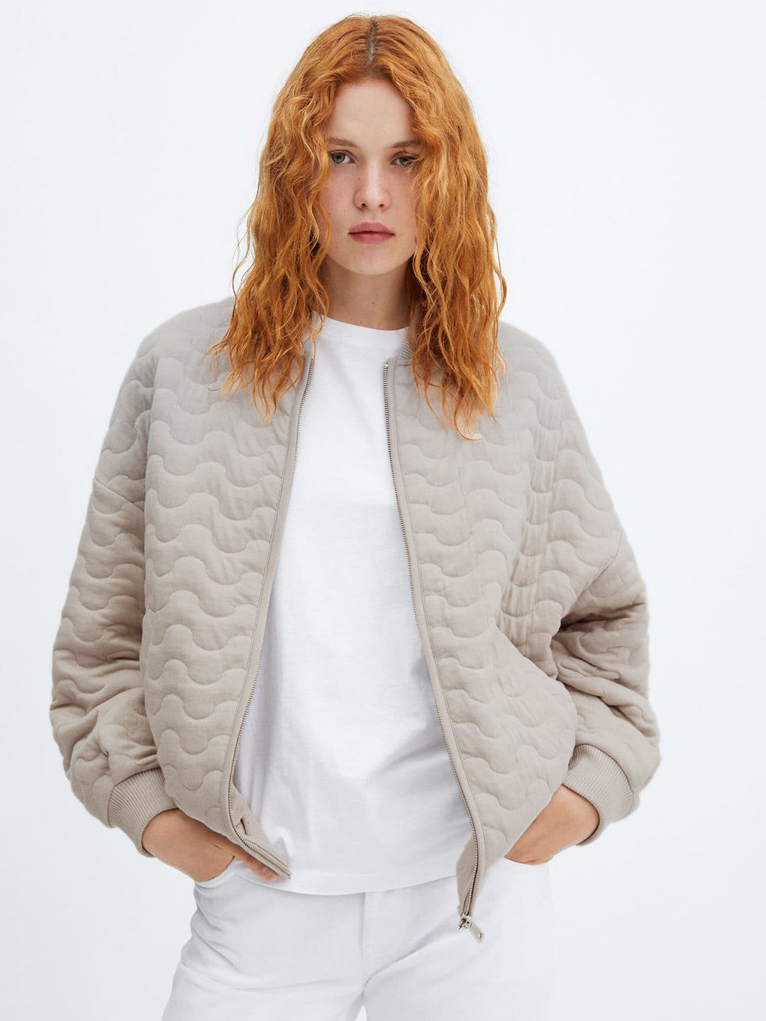 MANGO Geometric Embossed Oversized Bomber Jacket, Beige