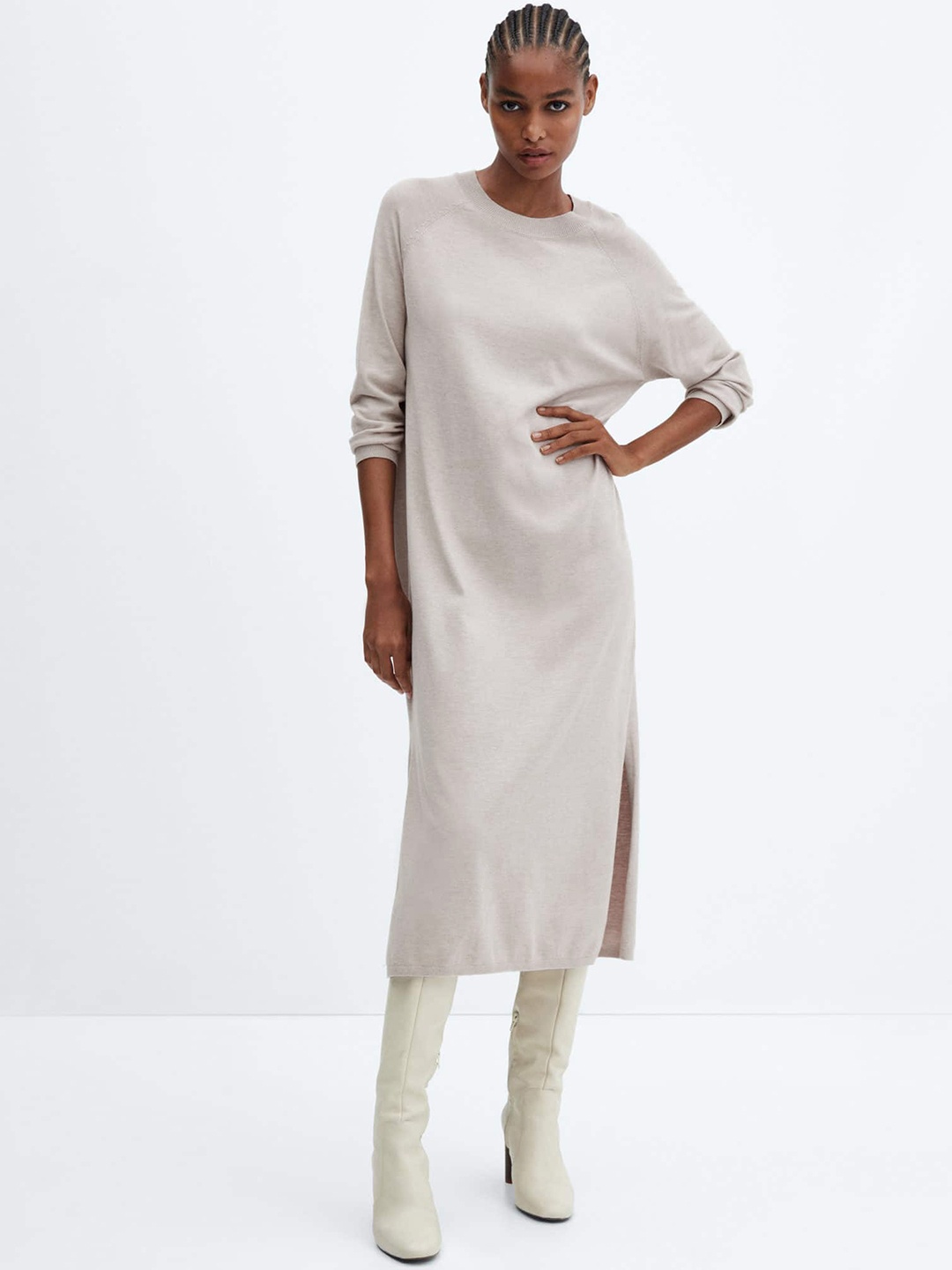 

MANGO Knit A-Line Midi Dress, Beige