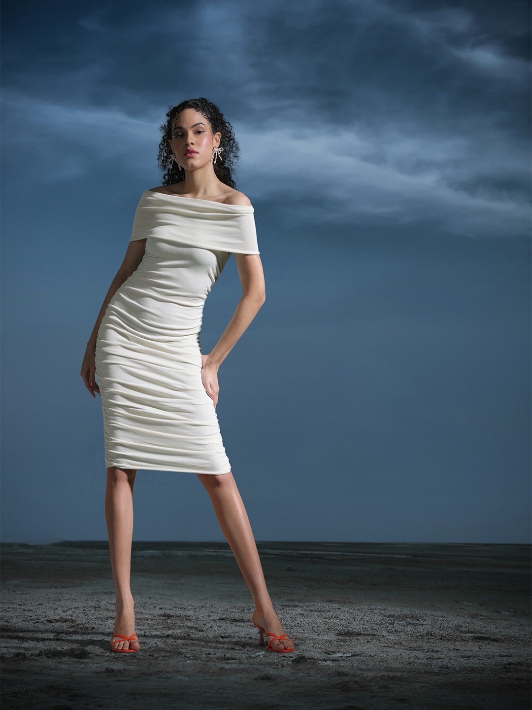 

MANGO Off-Shoulder Ruched Bodycon Midi Dress, Cream