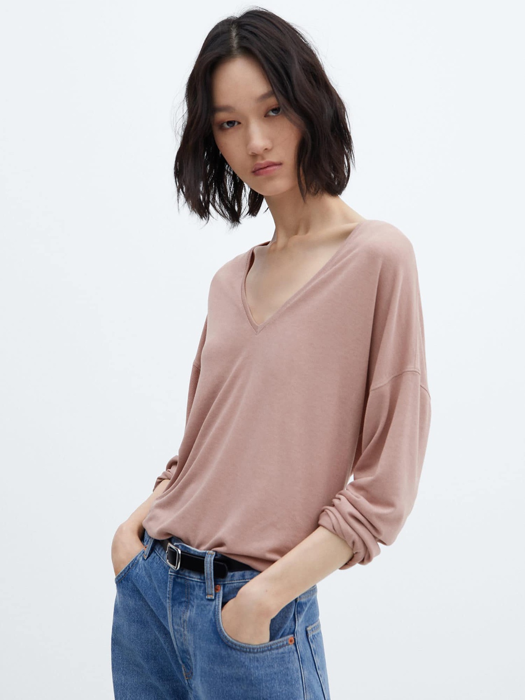 

MANGO Women V-Neck Drop-Shoulder Sleeves T-shirt, Rose