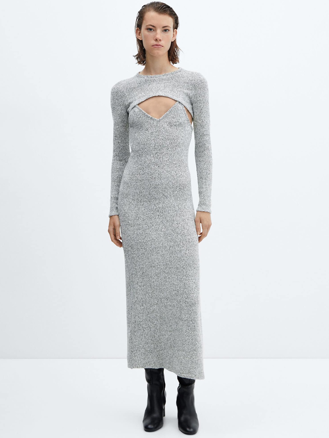 

MANGO Knitted Maxi Dress with Attached Bolero Set, Grey
