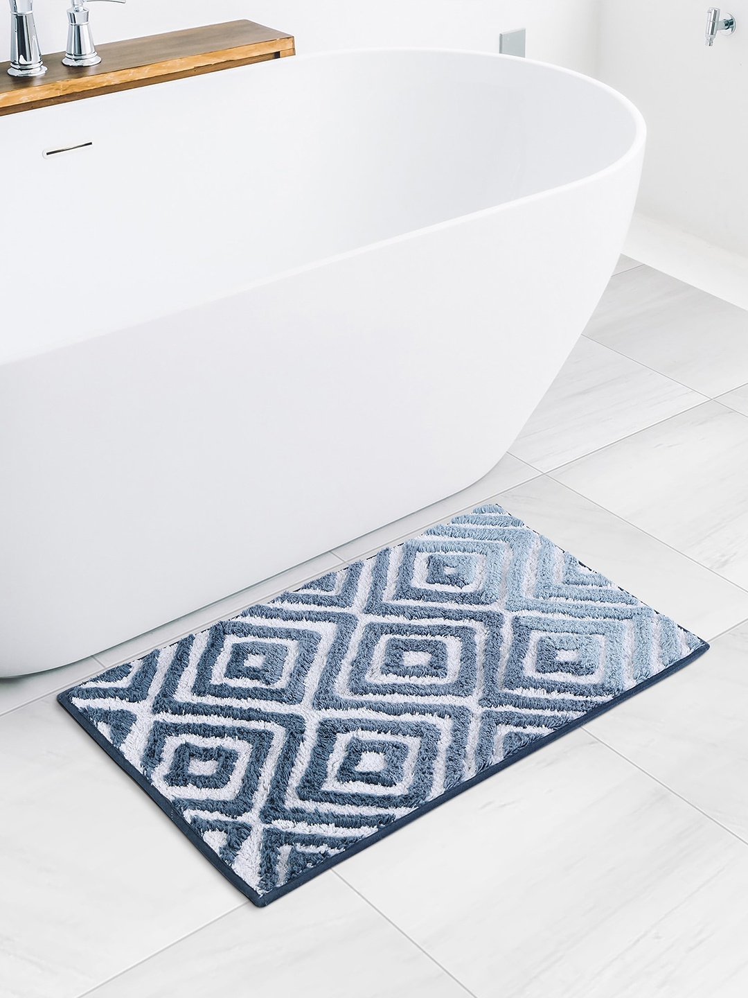 

OBSESSIONS Blue & White 2200 GSM Cotton Anti skid Bath Mat