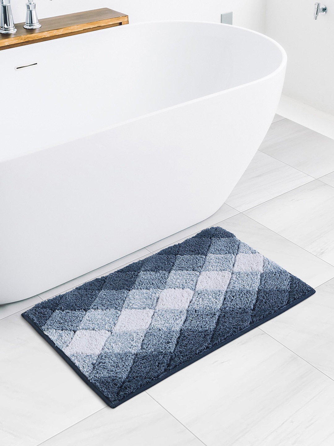 

OBSESSIONS Blue & Grey Geometric 2200 GSM Cotton Anti-Skid Bath Rug