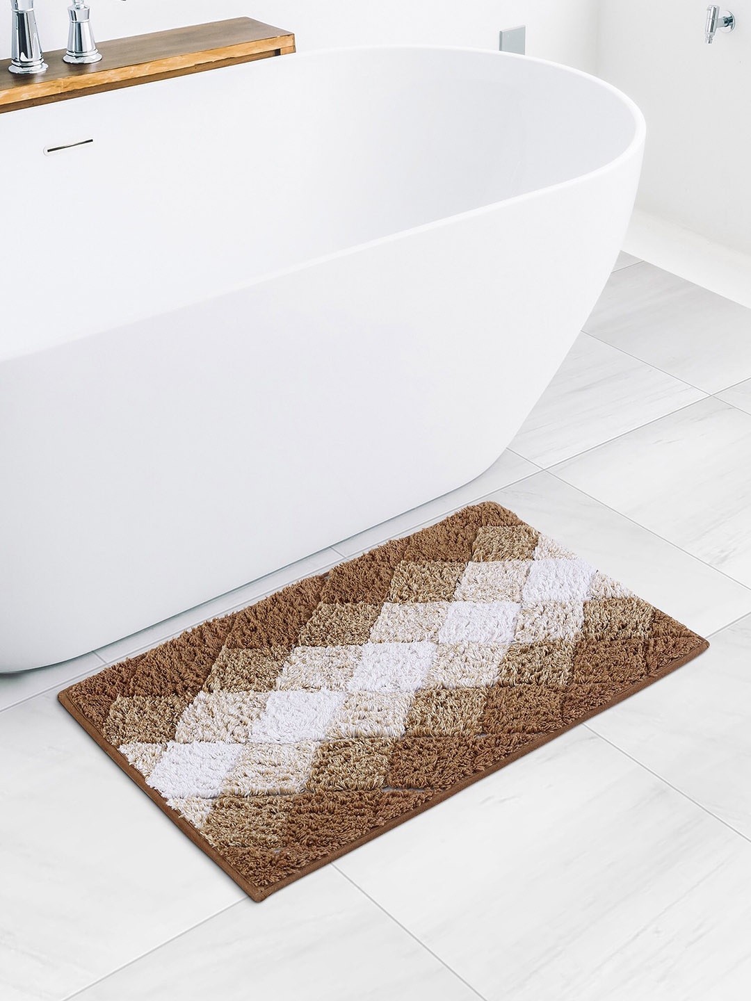 

OBSESSIONS Brown & Cream 2200 GSM Cotton Anti-Skid Bath Rug