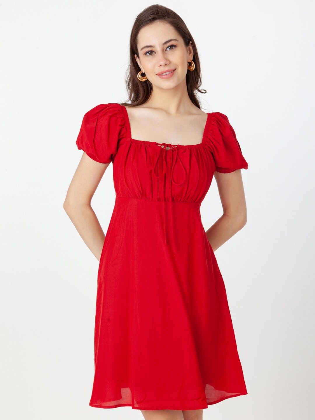 

Zink London Square Neck Puff Sleeve Fit & Flare Dress, Red