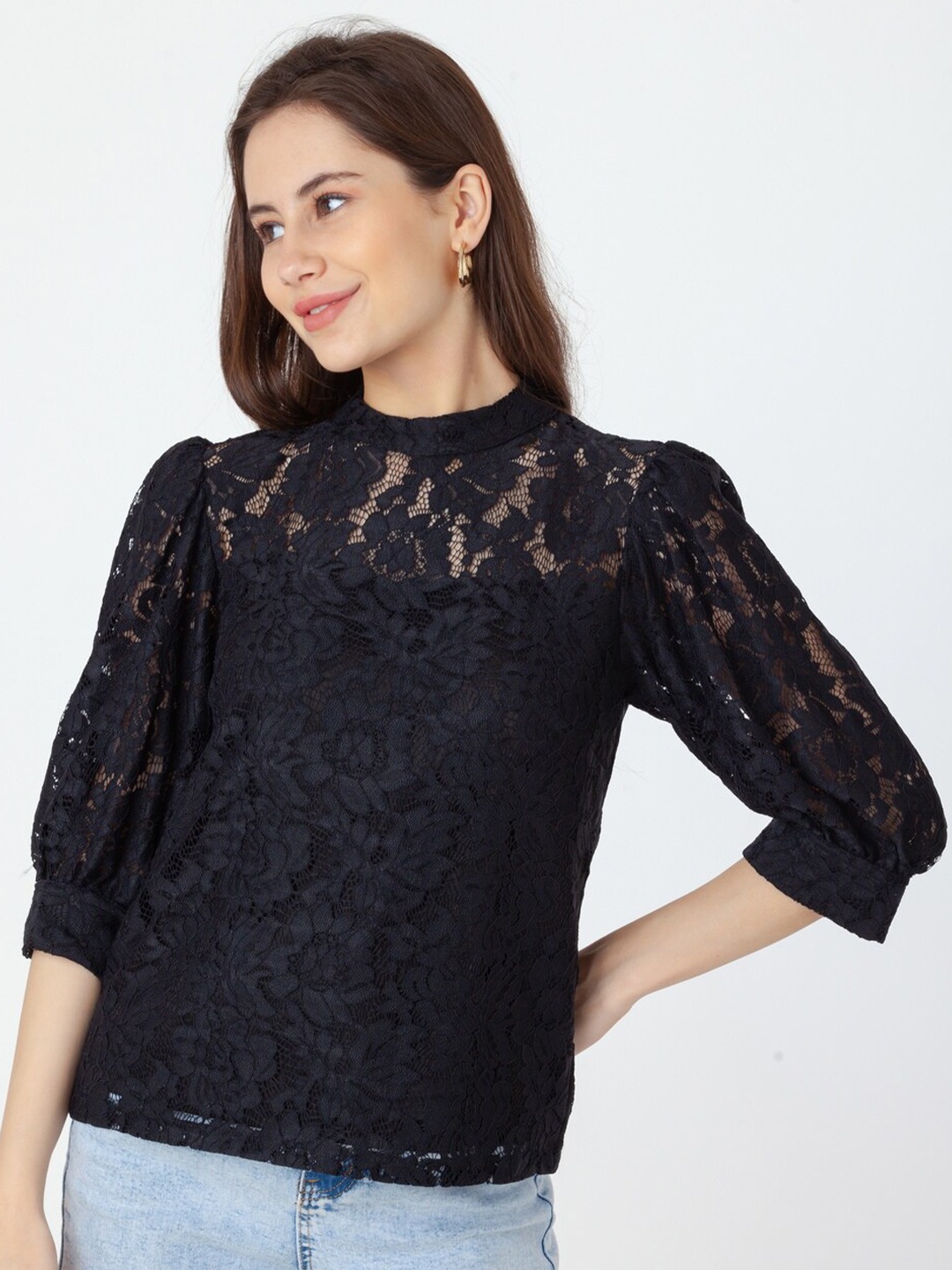 

Zink London Round Neck Self Design Top, Black