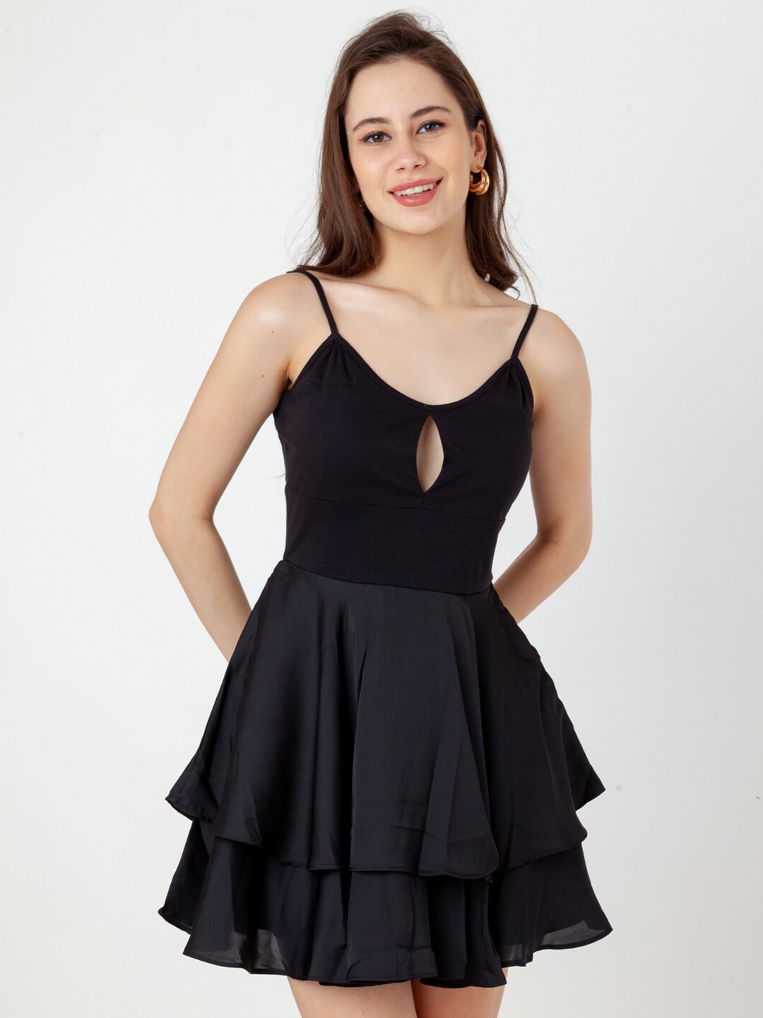 

Zink London Shoulder Strapped Tiered Fit & Flare Mini Dress With Cut-Out Detail, Black