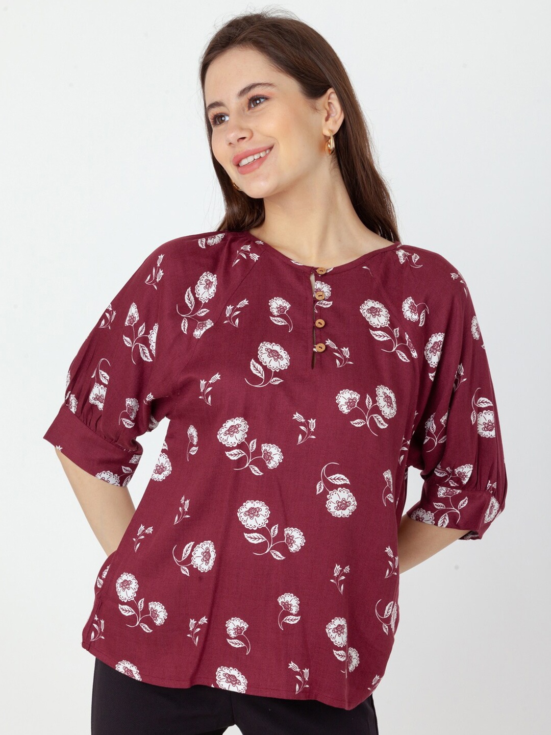 

Zink London Floral Printed Cuffed Sleeves Top, Maroon