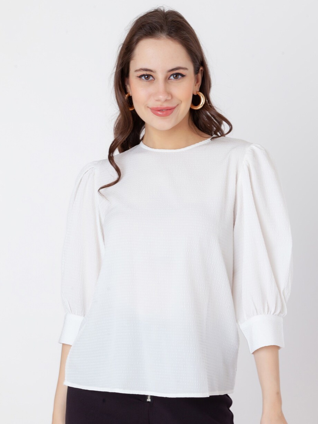 

Zink London Self Design Cuffed Sleeves Top, White