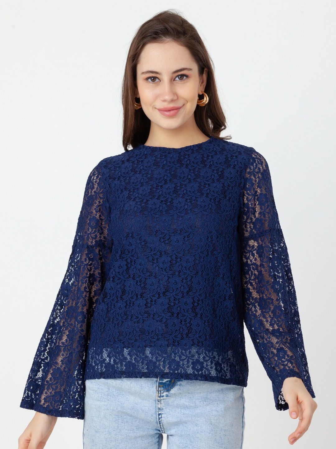 

Zink London Self Design Flared Sleeves Top, Blue