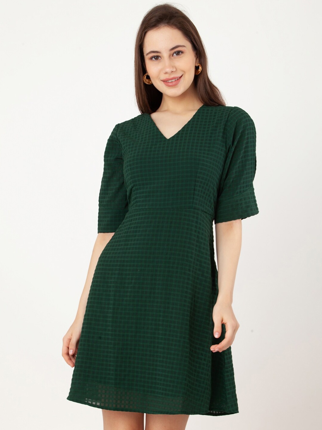 

Zink London Checked Puff Sleeves V-Neck A-line Dress, Green