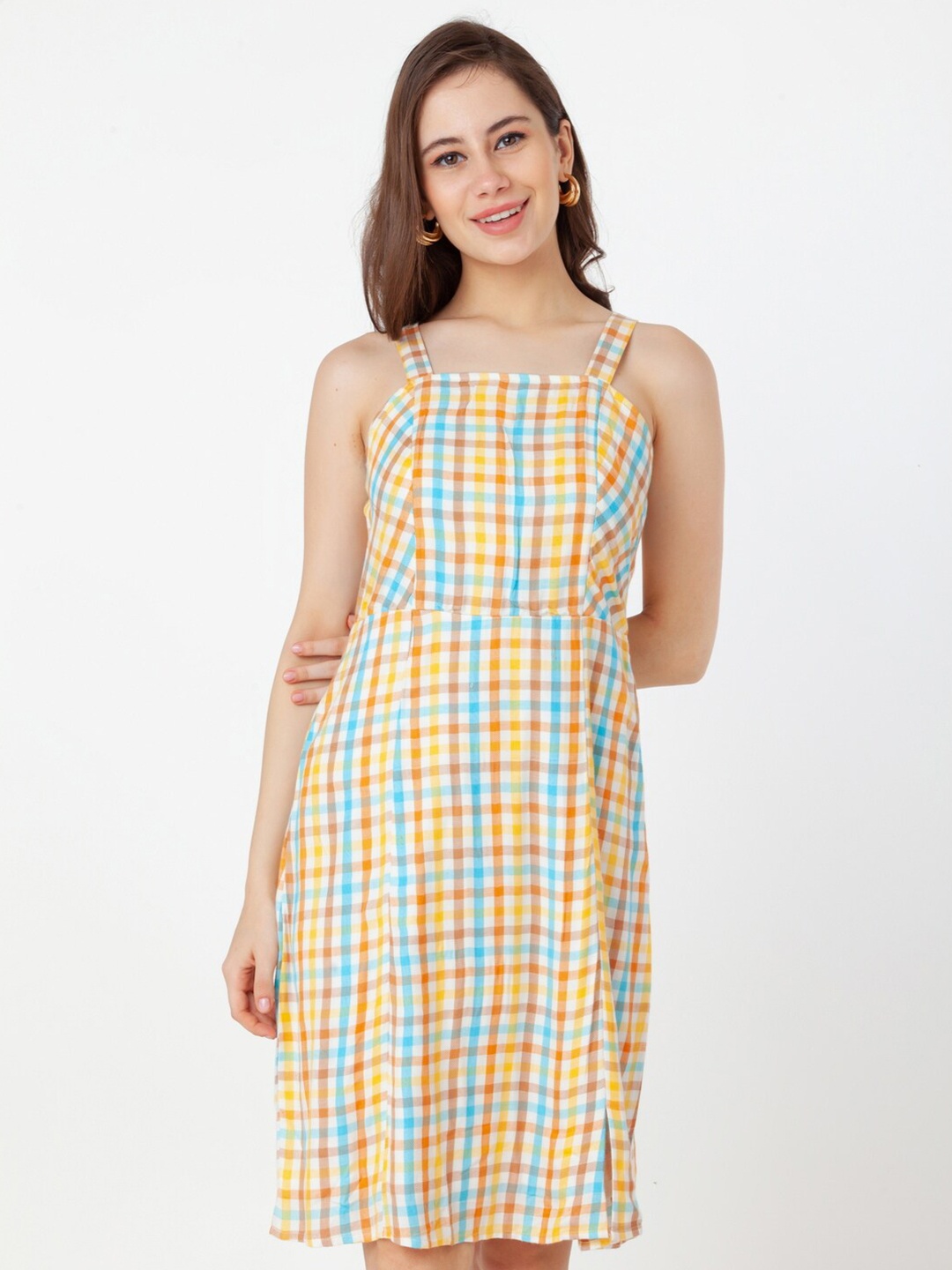 

Zink London Checked Shoulder Straps Pure Cotton A-Line Dress, Yellow