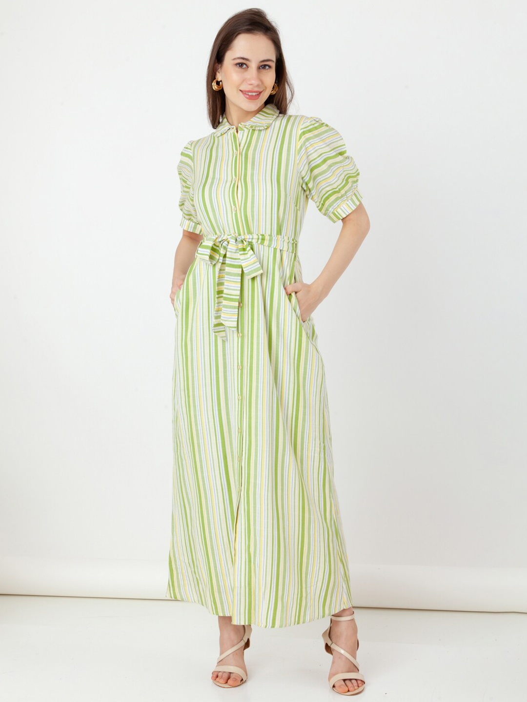 

Zink London Striped Puff Sleeves Pure Cotton Maxi Dress, Green