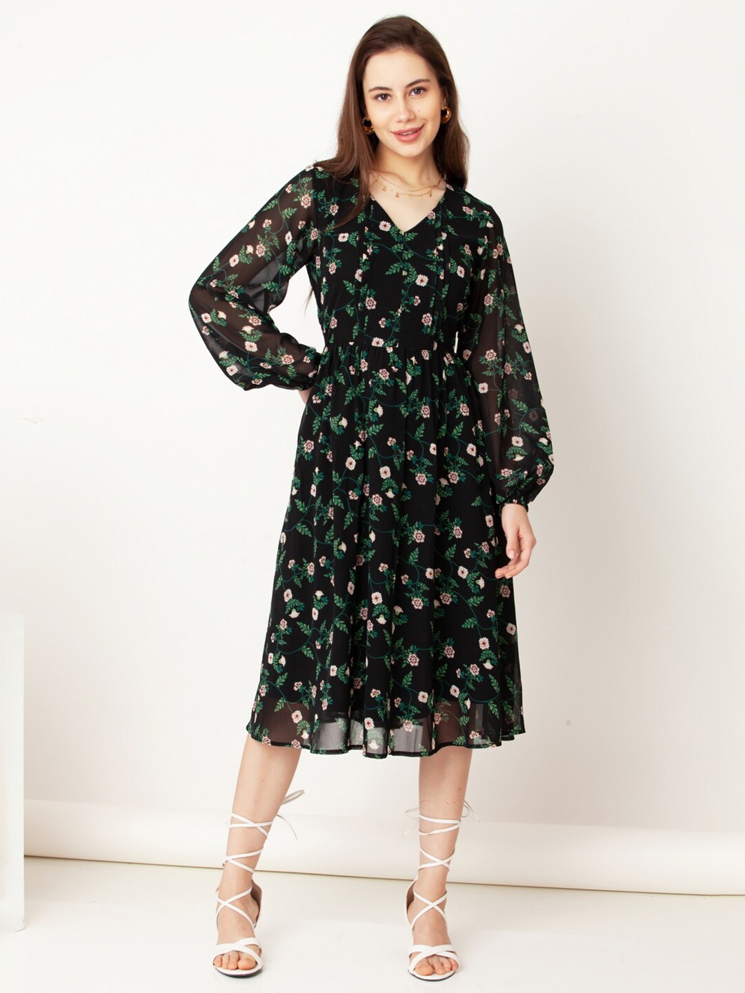 

Zink London Floral Print Puff Sleeve Fit & Flare Midi Dress, Black